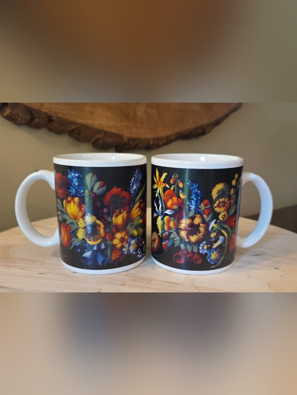Set of 2 Buon Giorno by Linda Ross Larson Mugs Russian Style Black w/ Floral
